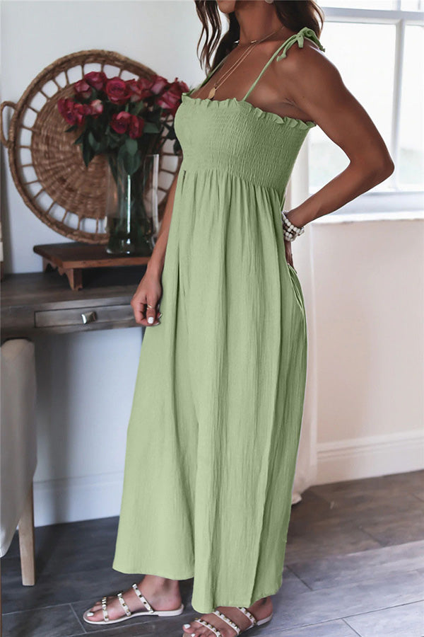 Elegant Solid Color High Waist Linen Blend Suspender Pleated Jumpsuit