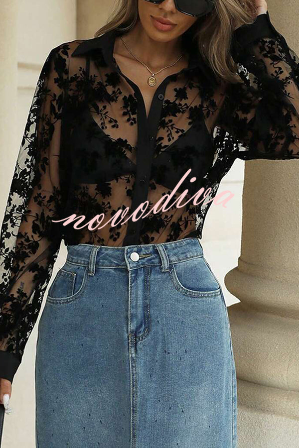 Fashion See-through Plant Lace Long Sleeve Loose Shirt