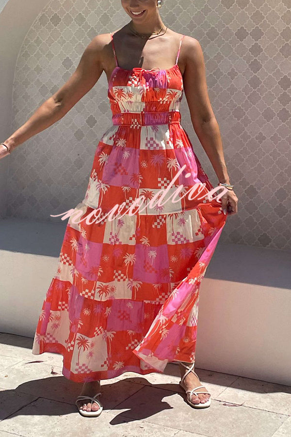 Resort Style Printed Suspender Pleated Loose Maxi Dress