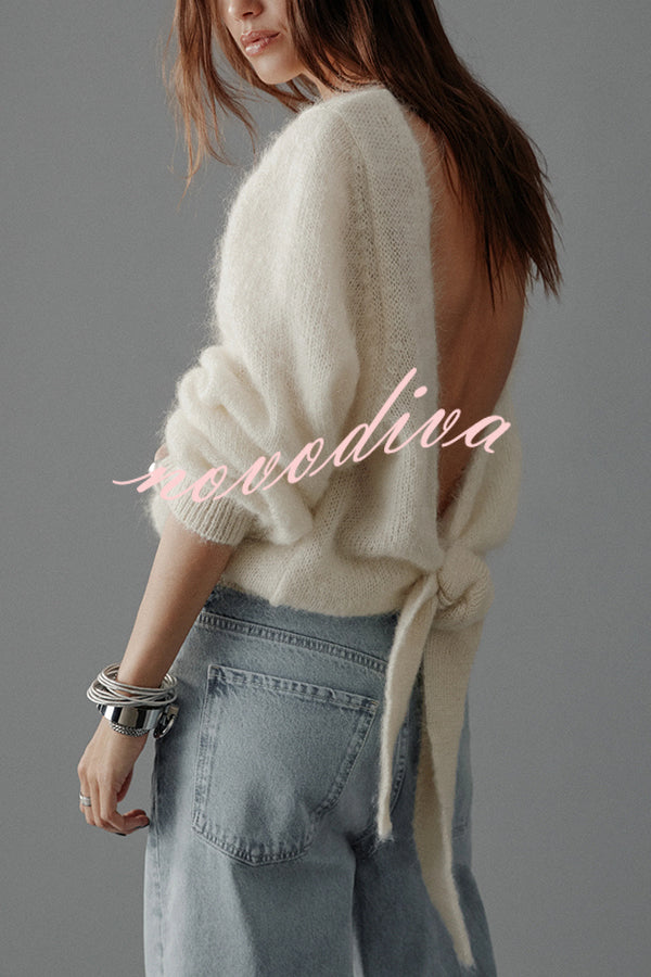 Chunky Season Knit Mohair-blend Long Sleeve Open Back Knot Design Loose Sweater