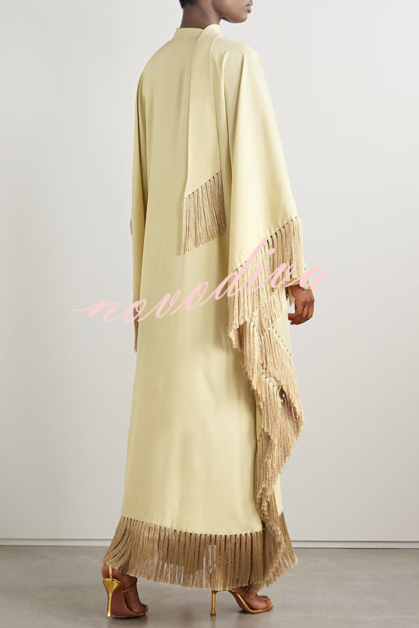 Excellent Drape Crepe Ribbon Neck Fringed Trim Kaftan Maxi Dress