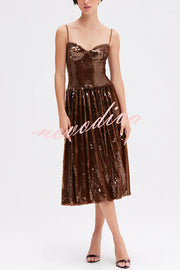 Enchanted Night Sequin Low-cut Corset Balloon Hem Slip Midi Dress