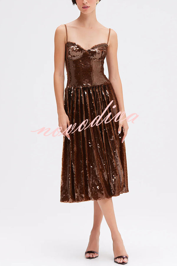 Enchanted Night Sequin Low-cut Corset Balloon Hem Slip Midi Dress