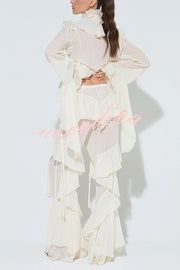 Fashionable Ruffled Elastic Waist Holiday Style Flared Pants