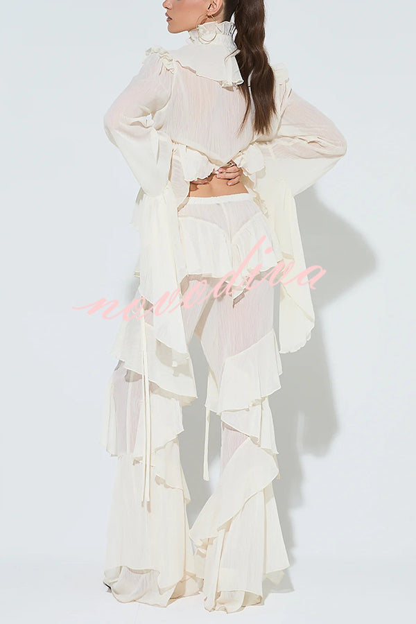 Fashionable Ruffled Elastic Waist Holiday Style Flared Pants