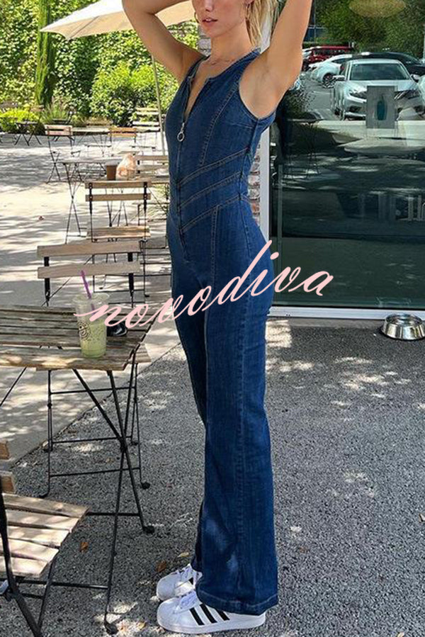 Fashionable Heart Hollow Back Slim High Waist Flared Denim Jumpsuit