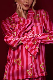 Festive Season Long Candy Stripe Tiered Bell Cuffs Elastic Waist Pocketed Pajama Set