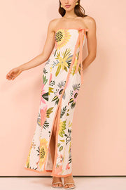 Inessa Linen Blend Floral Print Strapless Wrap Bow Maxi Dress