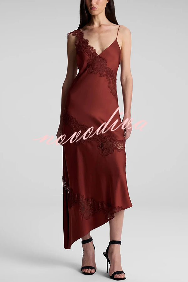 Sexy Lace Stitching Suspender V-neck Asymmetrical Maxi Dress