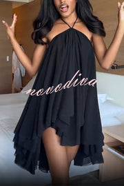Chiffon Solid Color Halter Backless Irregular Mini Dress