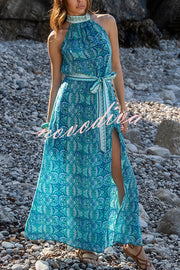 Unique Print Sexy Off-the-shoulder Waist Tie Slit Holiday Midi Dresses