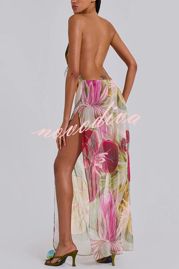 Floral Print Sexy Backless Slit See-Through Holiday Maxi Dress