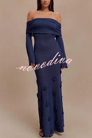 Timeless Sophistication Knit Off Shoulder Rose Detail Stretch Maxi Dress