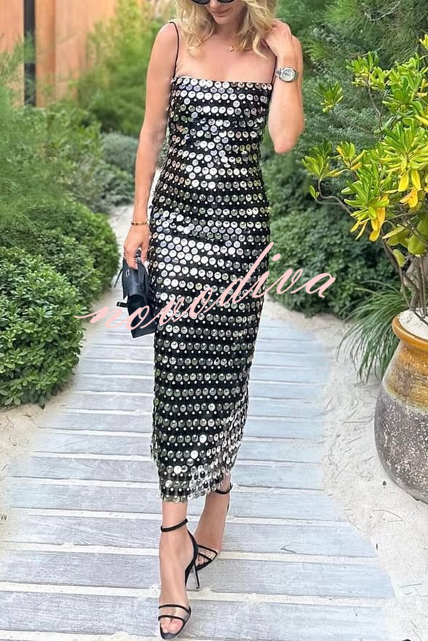 Sexy Sequined Halter-neck Backless Slim Fit Slit Midi Dress