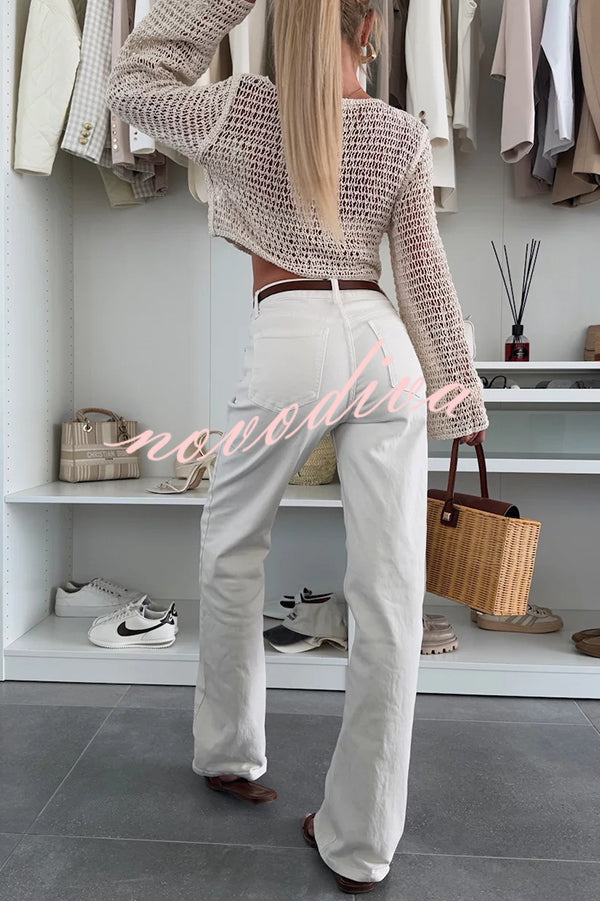 Fashion Knitted Hollow Long Sleeve Round Neck Holiday Cover Up
