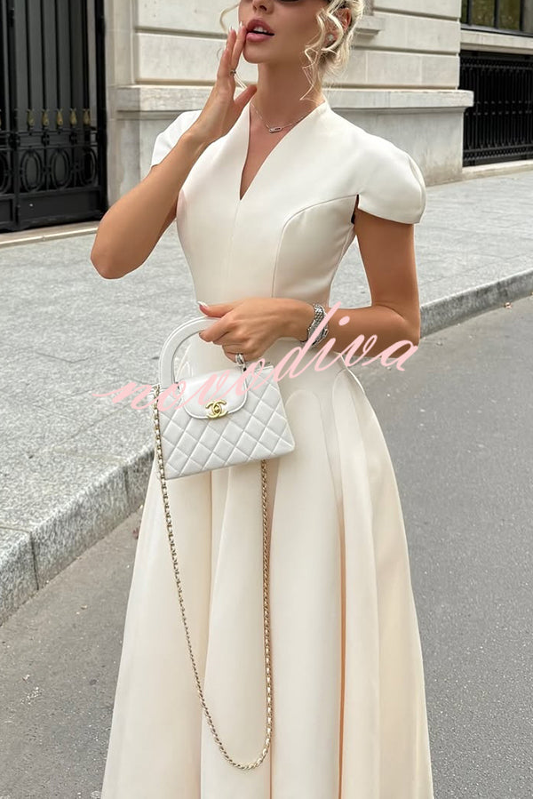 Solid Color V-neck Waist Elegant Full Hem Maxi Dress