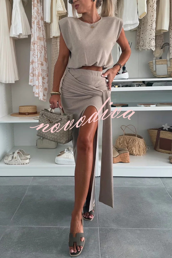 Comfortable Stylish Round Neck Sleeveless Casual Top and Elastic Waist Ruched Tie Slit Midi Skirt Set