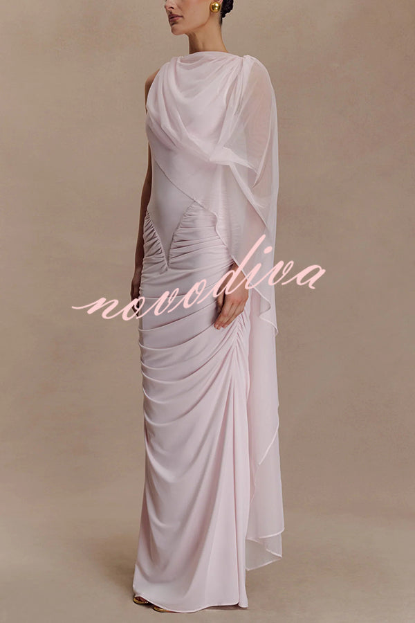 Fashionable Mesh Shawl Sleeveless Slim Fit Pleated Maxi Dress