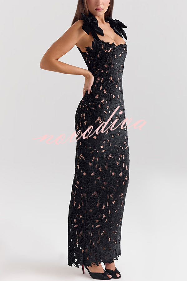 Holiday Intimacy Embroidered Floral Lace Bow Shoulder Straps Slit Maxi Dress