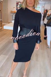 Winston Faux Leather Patchwork Wide Belt Design One Shoulder Stretch Midi Dress