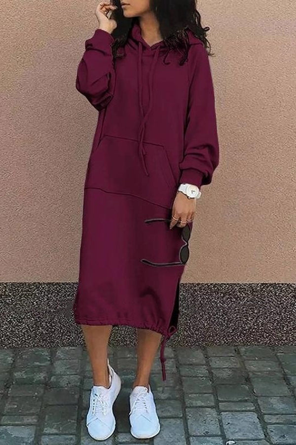 Solid Color Casual Hooded Lace-up Pocket Sweatshirt Style Midi Dress