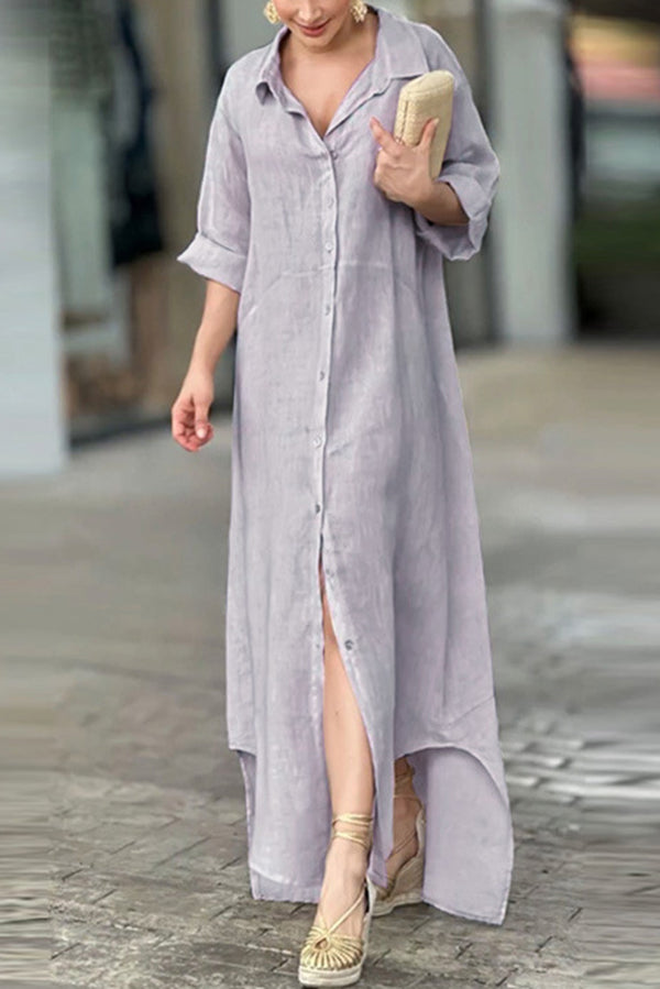 Linen Blend Solid Long Sleeve Buttoned Loose Shirt Style Maxi Dress