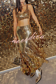 Party Sequin Button Crop Tank and Irregular Round Sequin Tassels Hem Maxi Skirt Set