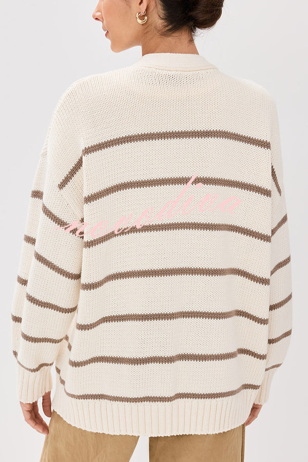 Striped Loose V-neck Long-sleeved Casual Knit Cardigan