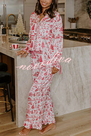 Christmas Night Satin Loose Shirt and Elastic Waist Pocketed Pajama Set