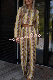 Tamia Knit Colorful Wave Unique Print Crop Top and Stretch Wide Leg Pants Set