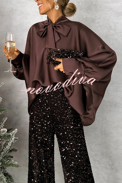 Chic and Merry Satin Bow Neck Batwing Sleeve Loose-fitting Blouse