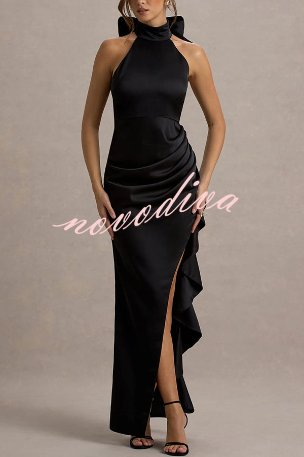 Maureen Satin High Neck Ruched Ruffle Slit Draped Maxi Dress