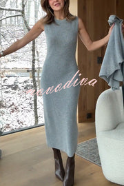 Soft and Warm Cashmere Ribbed Knit Sleeveless Midi Sweater Dress
