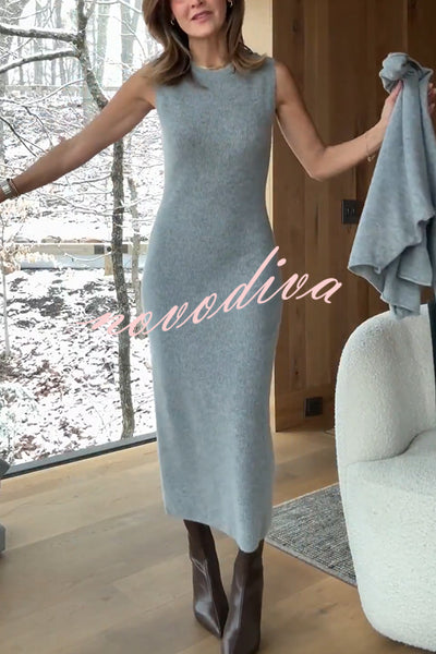 Soft and Warm Cashmere Ribbed Knit Sleeveless Midi Sweater Dress
