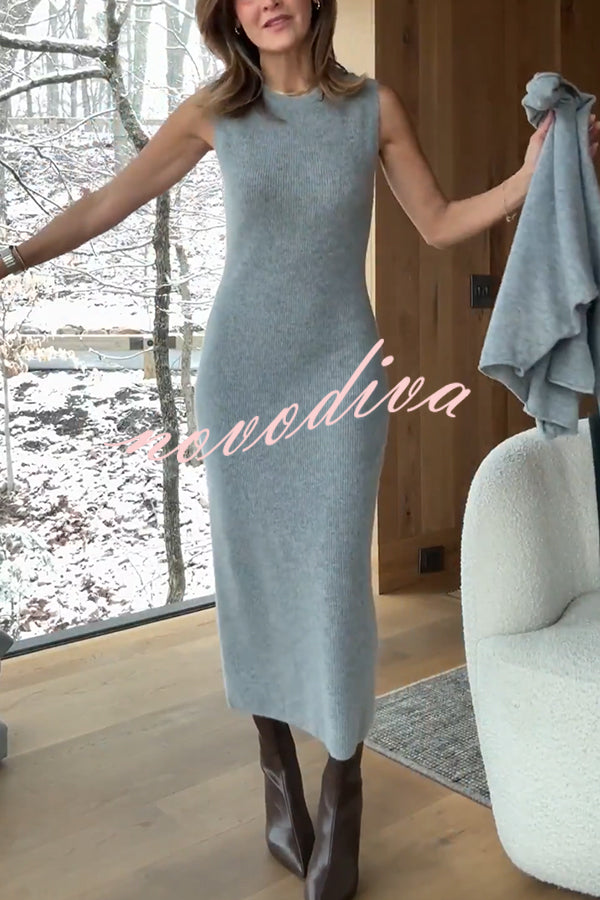 Soft and Warm Cashmere Ribbed Knit Sleeveless Midi Sweater Dress