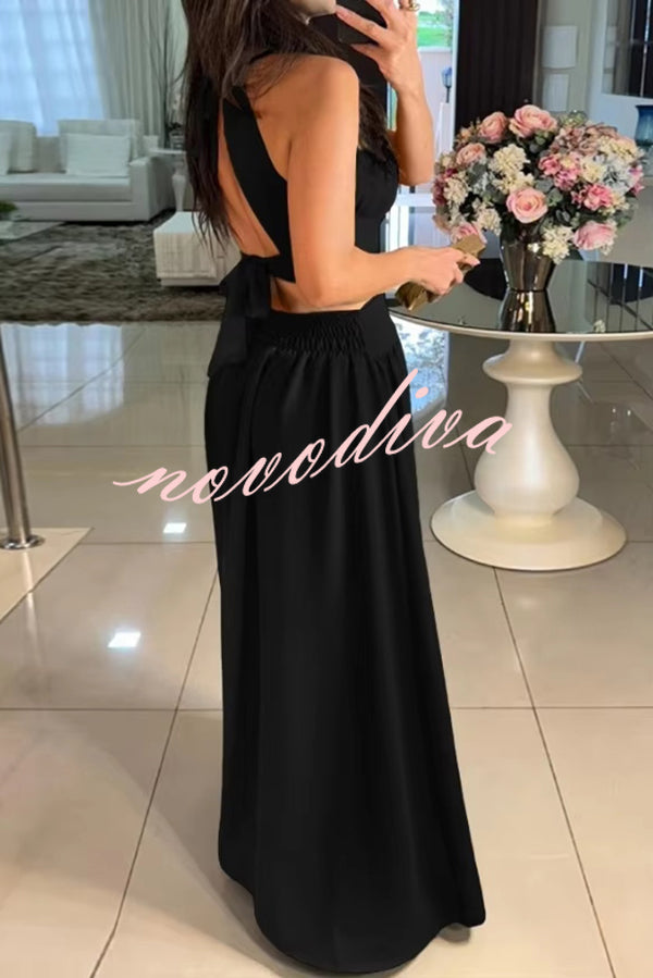 Solid Color Sexy Cross Tie Backless Maxi Dress