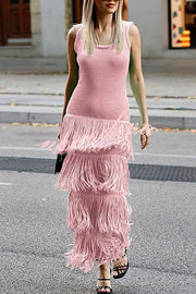 Solid Color Sleeveless Slim Fit Fringed Hem Knitted Midi Dress