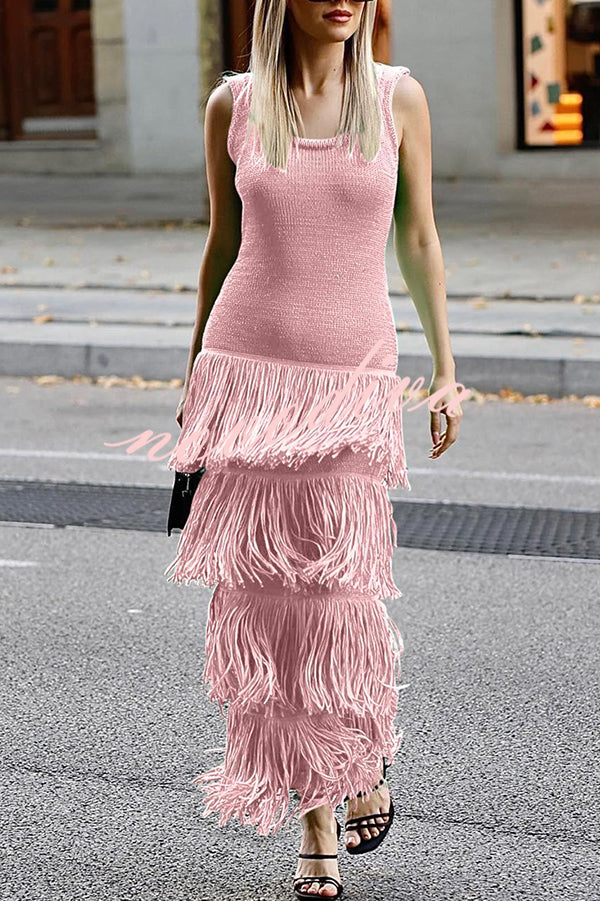 Solid Color Sleeveless Slim Fit Fringed Hem Knitted Midi Dress