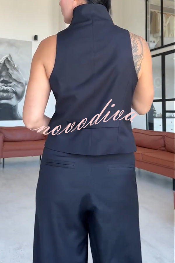 Urban Charm High Stand-up Collar Oblique Buckle Design Sleeveless Vest