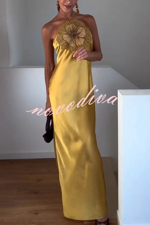 Fashionable Beaded Large Flower Decoration Halter Neck Backless Maxi Dress