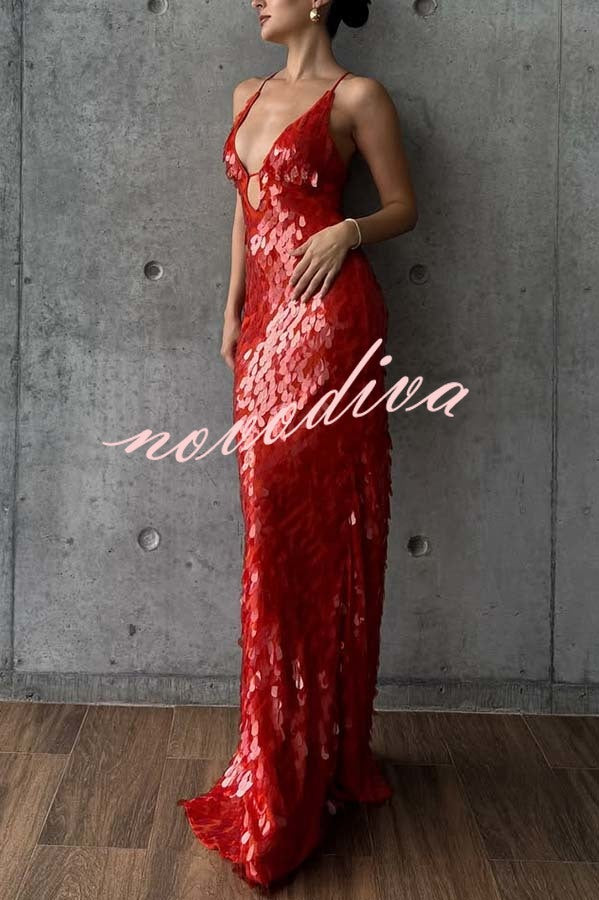 Reshape Beauty Fish Scale Sequin Cutout U-neck Slip Maxi Dress