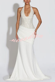 Exclusive Declaration Sequin Halter Neck Back Lace-up Ruched Hem Maxi Dress