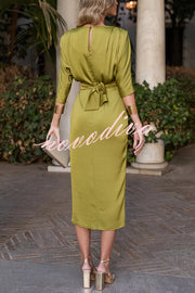 Satin Solid Color Round Neck Half Sleeve Waist Midi Dress