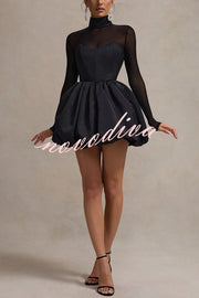 Elegant Mesh High Neck Long Sleeve Puff Hem Slim Sexy Mini Dress