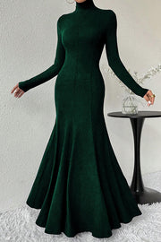 Solid Color High-neck Long-sleeved Slim-fit Fishtail Elegant Maxi Dress