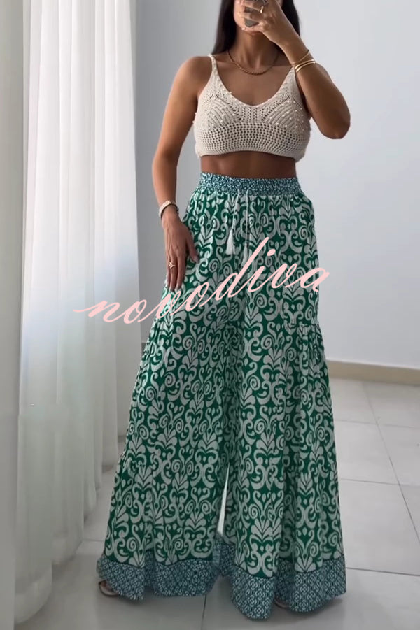 Unique Print Elastic High Waist Tie Pocket Wide Leg Pants