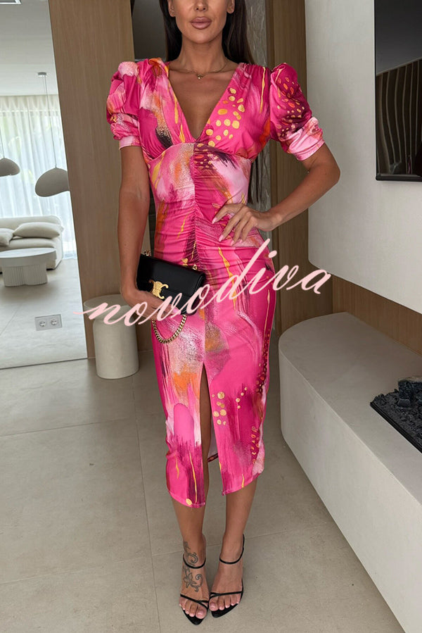 Unique Print V-Neck Puff Sleeve Slit Slim Midi Dress
