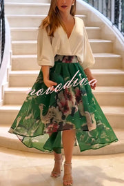 Tessy Batwing Sleeve Top and Floral Elastic Waist Pearls Detail High Low Midi Skirt Set