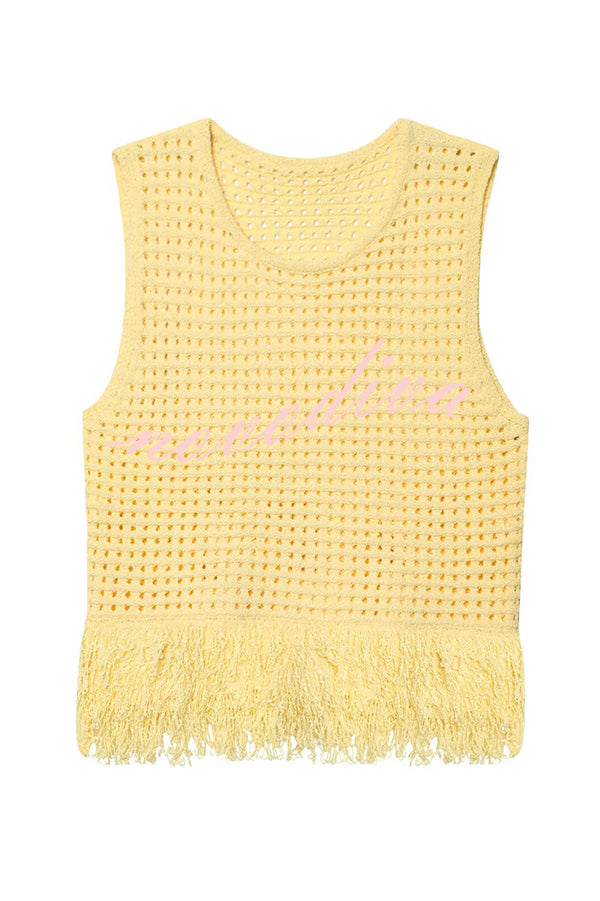 Solid Color Round Neck Sleeveless Hollow Tassel Loose Vest