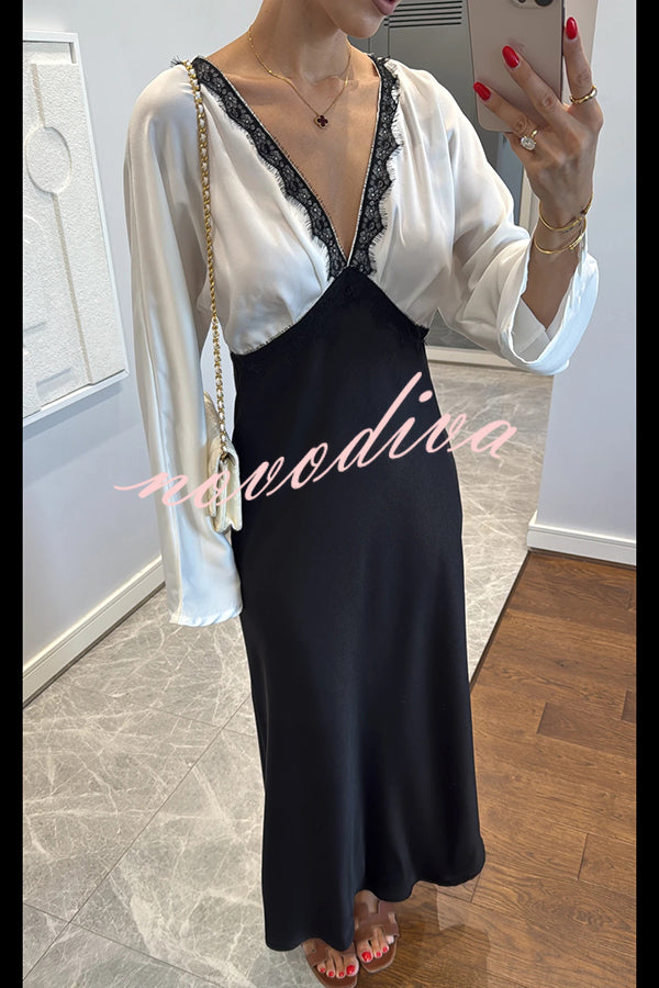 Lainei Contrast Color Satin Lace Trim V-neck Long Sleeve Maxi Dress
